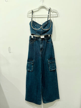 Self Portrait denim crystal embellished set: corset top and jeans, top US 2 / bottom 23 runs large