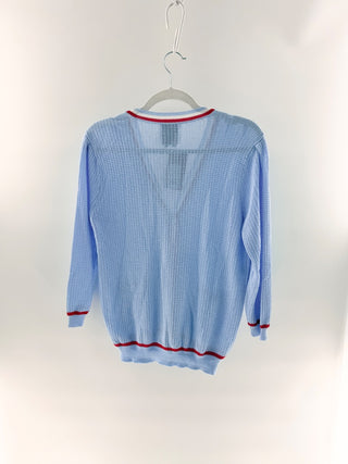 Edward Achour Paris Long Sleeve V-Neck Knit Cardigan Sweater Blue Red Womens 36