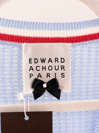 Edward Achour Paris Long Sleeve V-Neck Knit Cardigan Sweater Blue Red Womens 36