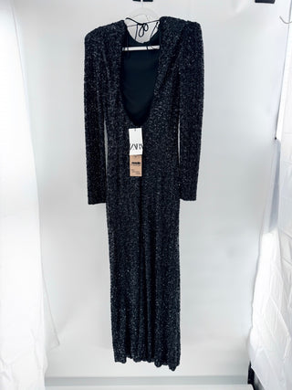 Zara Collection Shoulder Pads Sequin Cocktail Maxi Dress Black Women's Small