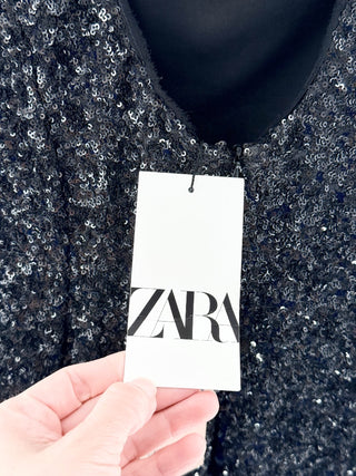 Zara Collection Shoulder Pads Sequin Cocktail Maxi Dress Black Women's Small