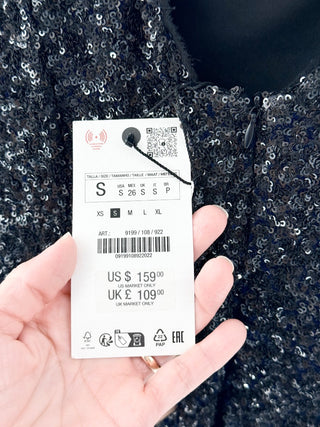 Zara Collection Shoulder Pads Sequin Cocktail Maxi Dress Black Women's Small
