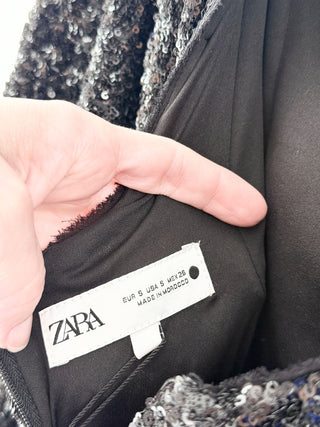 Zara Collection Shoulder Pads Sequin Cocktail Maxi Dress Black Women's Small