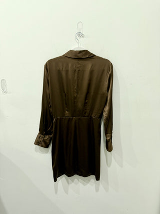 Reformation Silk Long Sleeve Mini Wrap Shirt Dress Dark Chocolate Brown Womens 4