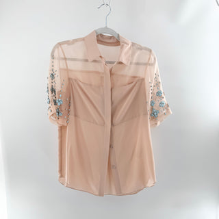 NWOT Rebecca Taylor 100% Silk Embellished Short Sleeve Blouse Peach Women's 4