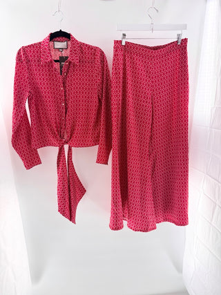 Alexis Geometric Patterned Tie-Front Button-Down Top with Wide Leg Pants, M