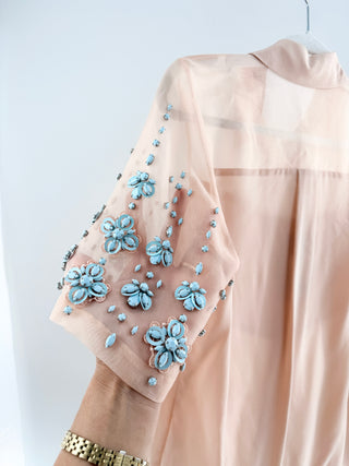 NWOT Rebecca Taylor 100% Silk Embellished Short Sleeve Blouse Peach Women's 4