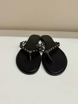 NWT Tory Burch Benton Scalloped Slip On Flat Thong Sandals Black Womens Size 9.5