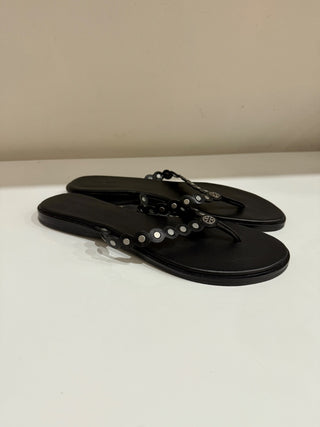 NWT Tory Burch Benton Scalloped Slip On Flat Thong Sandals Black Womens Size 9.5