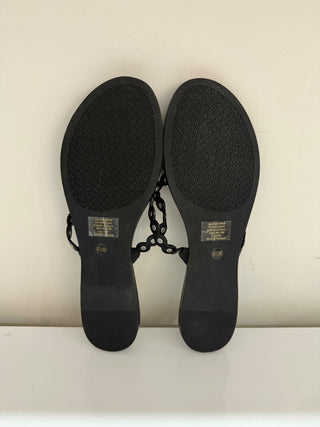 NWT Tory Burch Benton Scalloped Slip On Flat Thong Sandals Black Womens Size 9.5