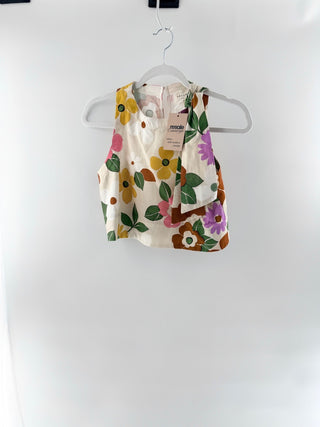 Sezane sleeveless floral crop linen top, 34 FR / US 2