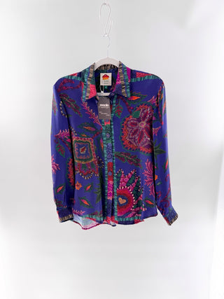 Farm Rio Sunset Tapestry Print Satin Long Sleeve Button-Up Shirt Blue Multi XS