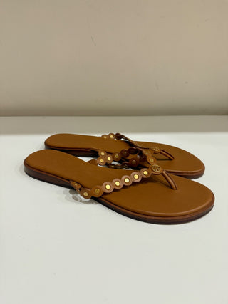 NWT Tory Burch Benton Scalloped Slip On Flat Thong Sandals Brown Womens Size 9.5