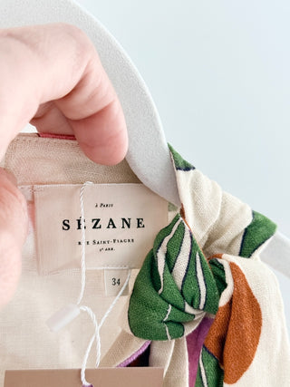 Sezane sleeveless floral crop linen top, 34 FR / US 2