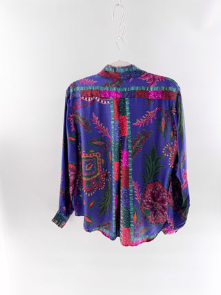Farm Rio Sunset Tapestry Print Satin Long Sleeve Button-Up Shirt Blue Multi XS