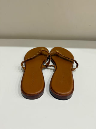 NWT Tory Burch Benton Scalloped Slip On Flat Thong Sandals Brown Womens Size 9.5