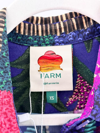 Farm Rio Sunset Tapestry Print Satin Long Sleeve Button-Up Shirt Blue Multi XS