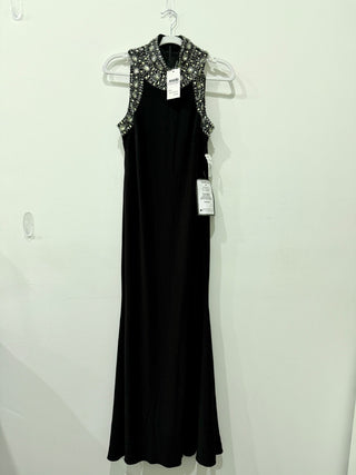 NWT Betsy & Adam Mock-Neck Jewel-Trim Sleeveless Maxi Dress Black Women's 12 P