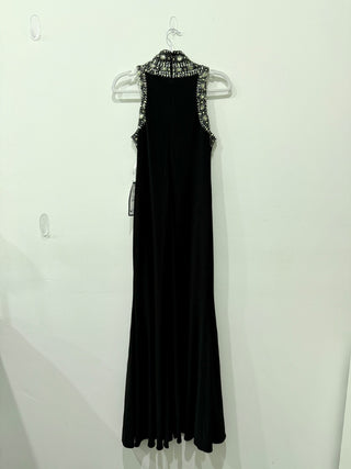 NWT Betsy & Adam Mock-Neck Jewel-Trim Sleeveless Maxi Dress Black Women's 12 P