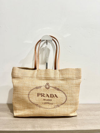 Prada raffia logo tote bag
