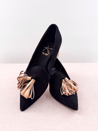 Abel Munoz Suede Pointed-Toe Metallic Gold Tassel Block Heel Pumps Black EU 38