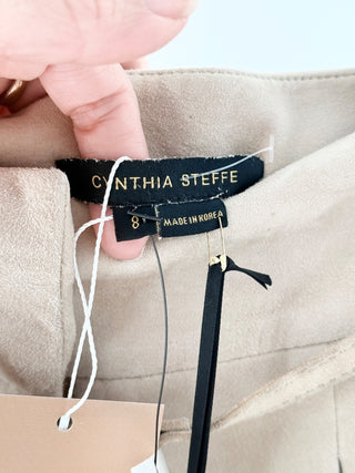 NWT Cynthia Steffe Suede Mid-Rise Pleated Belted Cuffed Shorts Beige Womens 8