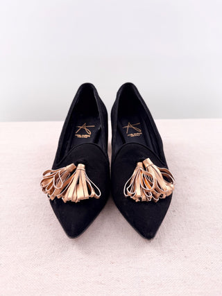 Abel Munoz Suede Pointed-Toe Metallic Gold Tassel Block Heel Pumps Black EU 38