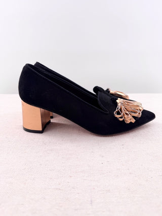 Abel Munoz Suede Pointed-Toe Metallic Gold Tassel Block Heel Pumps Black EU 38