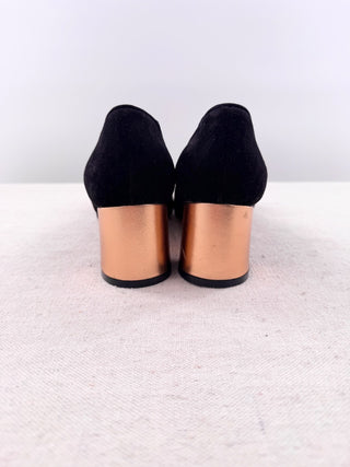 Abel Munoz Suede Pointed-Toe Metallic Gold Tassel Block Heel Pumps Black EU 38