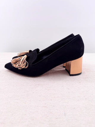 Abel Munoz Suede Pointed-Toe Metallic Gold Tassel Block Heel Pumps Black EU 38