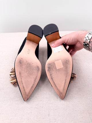 Abel Munoz Suede Pointed-Toe Metallic Gold Tassel Block Heel Pumps Black EU 38