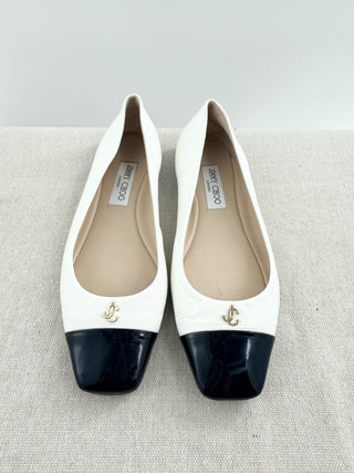 Jimmy Choo leather and patent leather logo flat ballerinas, 8.5