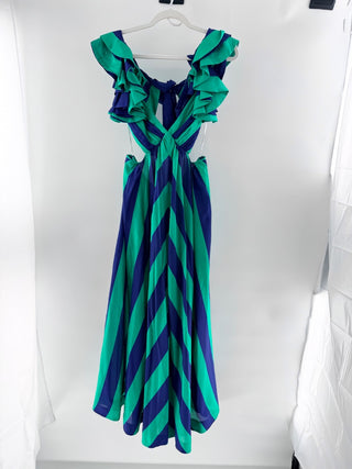Zimmermann Tiggy Silk Striped Frill Shoulder A-Line Maxi Dress Green Blue 1 / S