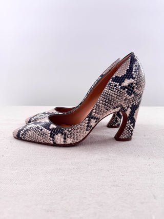 Chloe Snake-Embossed Leather Slip On Inverted Heel Pump Beige Black EU 36.5
