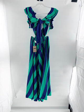 Zimmermann Tiggy Silk Striped Frill Shoulder A-Line Maxi Dress Green Blue 1 / S
