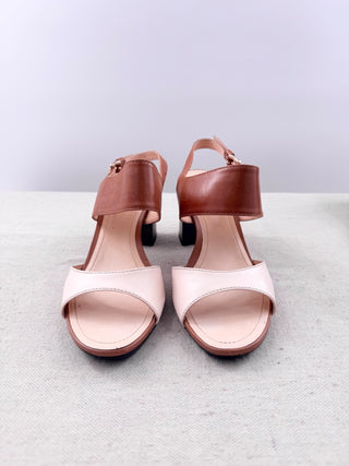 Tod's Two-Tone Leather Block Heel Slingback Sandals Brown White Women's EU 37