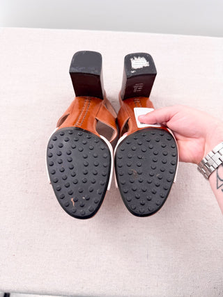 Tod's Two-Tone Leather Block Heel Slingback Sandals Brown White Women's EU 37