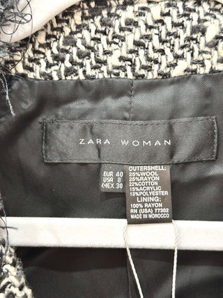 Zara Long Sleeve Fringe Edge Open Front Blazer Jacket Black/White Women's Size 8