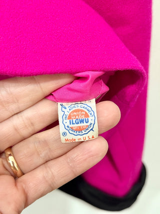 ILGWU Union Made Label Long Sleeve Velvet Trim Rhinestone Blazer Fuchsia/Black M