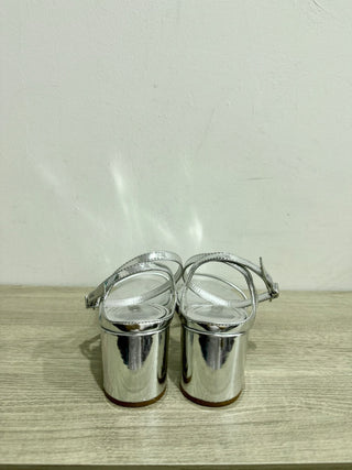 Schutz Metallic Leather Slip On Block Heel Sandals Silver Women's Size US 9