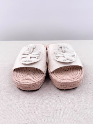 Tory Burch Woven Double T Slip On Espadrille Slides White Beige Women's US 6.5