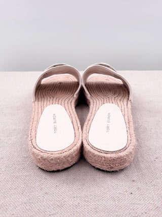 Tory Burch Woven Double T Slip On Espadrille Slides White Beige Women's US 6.5