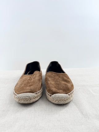 Saint Laurent suede espadrille flats featuring tonal embroidered YSL monogram detailing, braided jute trim, 6