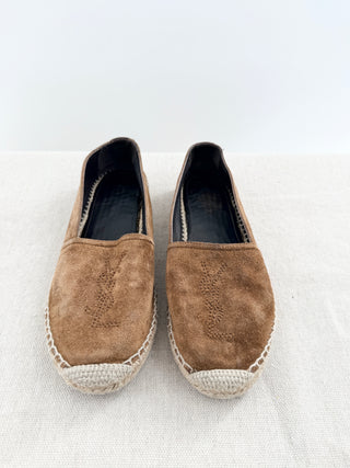 Saint Laurent suede espadrille flats featuring tonal embroidered YSL monogram detailing, braided jute trim, 6