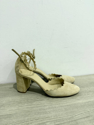 Chloé Lauren Suede Scallop-Edged Ankle Wrap Pumps  Beige Women's Size EU 40
