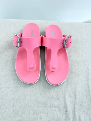 Prada EVA rubber buckled sandals featuring adjustable side buckle straps, molded rubber footbed, and chunky tread sole, 9.5