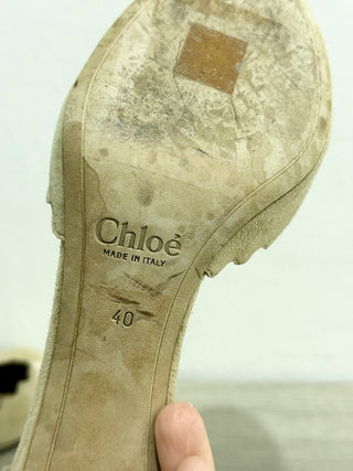Chloé Lauren Suede Scallop-Edged Ankle Wrap Pumps  Beige Women's Size EU 40
