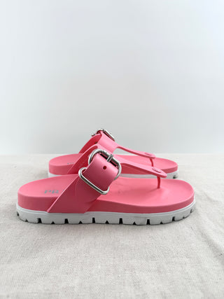 Prada EVA rubber buckled sandals featuring adjustable side buckle straps, molded rubber footbed, and chunky tread sole, 9.5