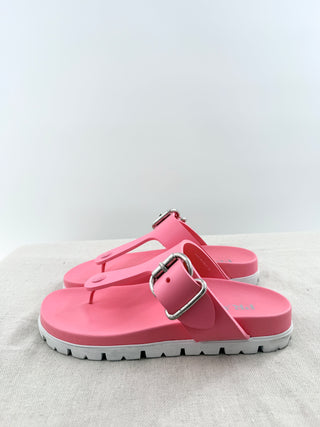 Prada EVA rubber buckled sandals featuring adjustable side buckle straps, molded rubber footbed, and chunky tread sole, 9.5