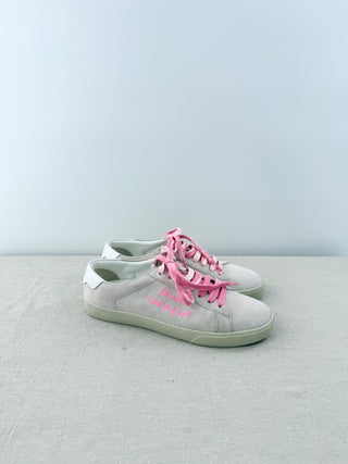 Saint Laurent SL-06 Signature Court Suede Sneakers White Pink Womens EU 38.5